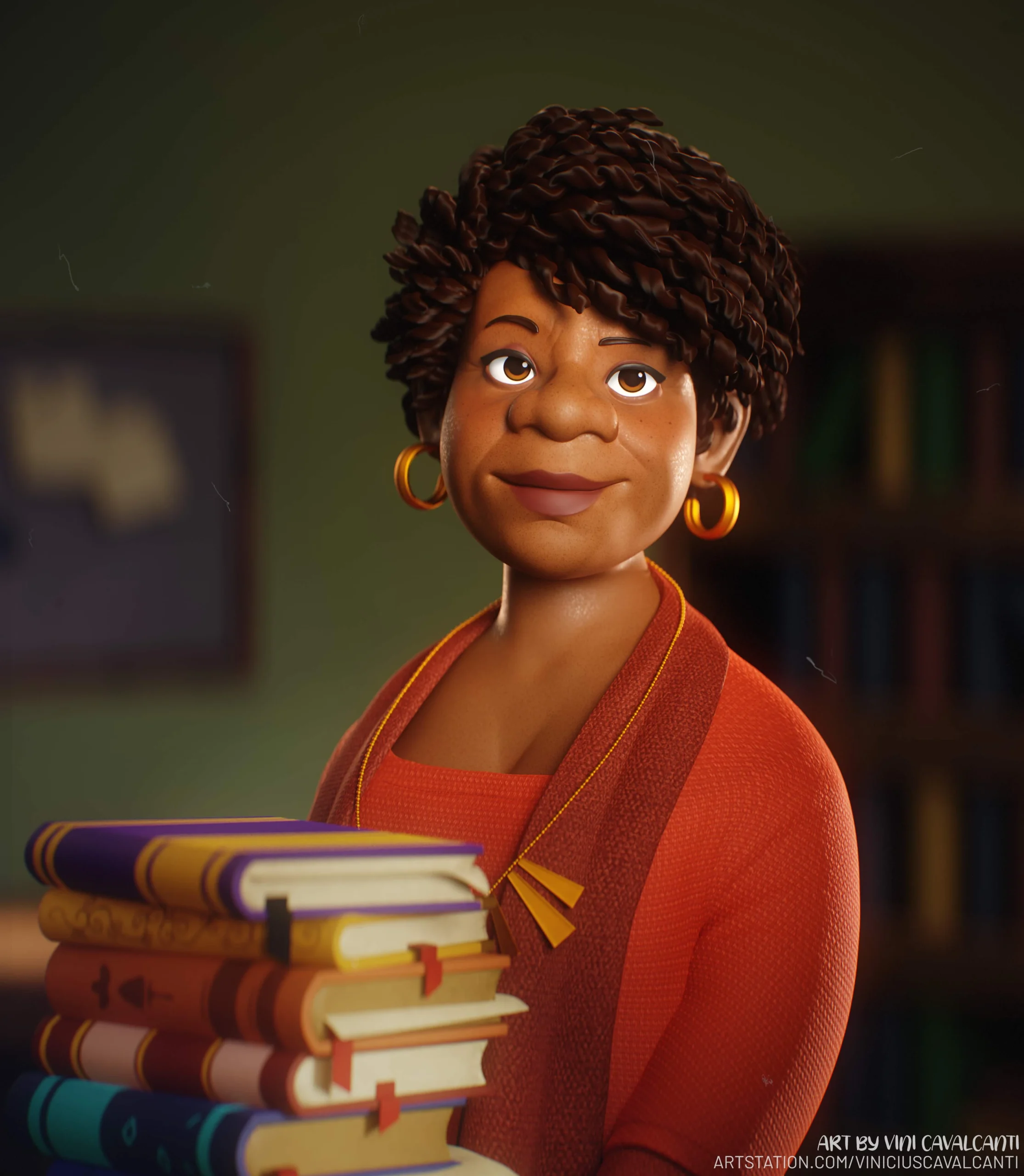 Stylized 3D character with a stack of books, created by Vini Cavalcanti